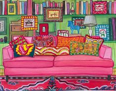 a painting of a pink couch in front of a bookshelf filled with colorful pillows