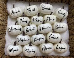 small white pumpkins with names written on them