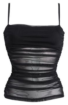 Sheer panels add to the allure of this flirty mesh camisole designed with shapely ruching down the sides. 16 1/2" center front length (size Medium) Square neck Adjustable straps Partially lined 95% polyester, 5% spandex Machine wash, tumble dry Imported Summer Mesh Top With Built-in Bra For Night Out, Chic Sleeveless Mesh Top With Built-in Bra, Summer Mesh Camisole With Built-in Bra, Summer Nylon Camisole With Built-in Bra, Summer Mesh Tank Top With Built-in Bra, Strapless Evening Tank Top With Built-in Bra, Nylon Cami Top For Party, Chic Fitted Nylon Tube Top, Night Out Mesh Top With Built-in Bra