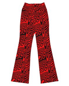 Step up your rave game with the Hypnotic Flare Pants, designed to make a statement at Lost Lands Festival, Bass Canyon, or wherever the night takes you. These red and black rave pants feature a bold, wavy pattern that’s sure to turn heads. With a high-waisted, butt-lifting cut and flared legs, these pants are as flattering as they are stylish. Crafted from 74% recycled polyester and 26% elastane for a soft, stretchy feel Premium quality fabric with mild compression for a supportive fit Moisture- Retro Red Bottoms For Streetwear, Trendy Graphic Print Bottoms For Party, Trendy Bottoms With Graphic Print For Party, Retro Red Party Bottoms, Red Stretch Pants For Festivals, Stretch Red Pants For Festivals, Stretch Red Bottoms For Festival, Black Rave Outfits, Bass Canyon