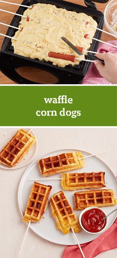 waffle corn dogs on a plate with ketchup