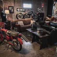 a room filled with lots of furniture and motorcycles