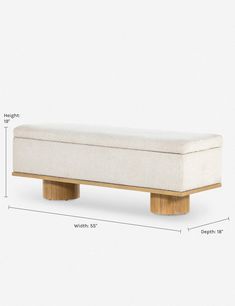 a white bench sitting on top of a wooden base with measurements for it's seat