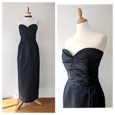 Black Bellville Sassoon Evening Gown  A simple, elegant, figure hugging designer gown to use for occasions. Made by the wonderful Bellville Sassoon this dress dates from the 1980s or early 1990s. The heyday of Bellville Sassoon, when they were designing for Princess Diana, who did wear some of their strapless gowns similar to this one. Black 100% silk satin on the outside lined in a deep burgundy this is a beautiful dress with impeccable construction. It has a boned corset top and does up with a Dress With Corset Top, Black Satin Gown, Bellville Sassoon, Dress With Corset, Designer Gown, Satin Noir, Strapless Gown, Deep Burgundy, Satin Gown