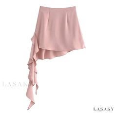 Lasaky - High-Waisted Irregular Hem Skirt with Cascading Ruffle Accents Irregular Flowy Skirt For Summer, Irregular Summer Skirt, Trendy Irregular Skirt For Spring, Chic Irregular Skirt, Elegant Asymmetrical Hem Mini Skirt For Summer, Trendy Asymmetrical Ruffled Skirt, Pink Asymmetrical Hem Party Skirt, Pink Asymmetrical Hem Skirt For Party, Chic Irregular Skirt For Spring