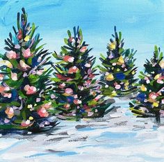 a painting of trees in the snow with pink flowers on them and blue sky above