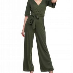 80% Poly, 16% Rayon, 4% Spandex Knit Fabric V- Neckline Front Wrap Short Sleeve Belt Loops Wit Self-Tie Sash Full Length And Wide Leg Fit Fitted Ribbed Material Versatile Fitted V-neck Jumpsuits And Rompers, Versatile Fitted V-neck Jumpsuit, Green V-neck Jumpsuit For Loungewear, Green V-neck Jumpsuit For Work, Summer Stretch Jumpsuits And Rompers With Tie Waist, Green Stretch Jumpsuits And Rompers For Workwear, Stretch V-neck Jumpsuits And Rompers In Solid Color, Stretch Solid Color V-neck Jumpsuits And Rompers, Stretch V-neck Jumpsuit In Solid Color