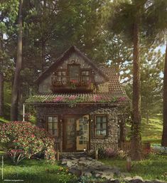 a painting of a house in the woods with flowers growing on it's roof