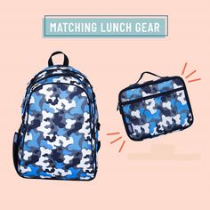 "Wildkin Blue Camo Backpack and Lunchbox set Perfect for little learners, these adorable backpack sets are easy to carry. Backpacks feature adjustable straps to keep your child comfy no matter their height.  Price includes complimentary personalization of a name, monogram, or initial to create a look that's all their own! ITEM DESCRIPTION & DETAILS BACKPACK 15in.x 12in.x 7in. Extra-durable 600-denier polyester fabric Padded back for extra comfort Interior moisture-resistant nylon lining Adjustable padded straps Interior utility pockets and pencil holder Embroidery friendly Matching accessories available for most patterns LUNCHBOX 9.75in.x 7in.x 3.25in. Sturdy, durable, fabric construction Food safe PVC, BPA & Phthalate-free Insulated and easy-to-clean Zippered front pocket Both lunchbox an Bentgo Kids, Time Apart, Camo Backpack, Backpack Set, Lunch Box Bag, Insulated Lunch Box, Boys Backpacks, Ice Pack, Kids Lunchbox