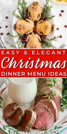 christmas dinner menu with roast beef and vegetables on the side, served in white dishes