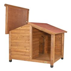 a small wooden dog house with its door open