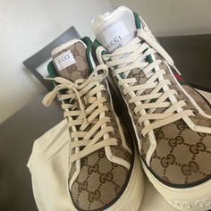 Guccis Shoes Size 9 1/2 I Have Proof Of Authenticity. Willing To Take Offers Gucci High-top Lace-up Sneakers, Gucci Leather High-top Sneakers With Laces, Gucci Leather High-top Sneakers, Gucci High-top Sneakers With Branded Heel And Round Toe, Gucci High-top Sneakers With Branded Heel Counter, Gucci High-top Sneakers With Branded Heel, Gucci High-top Sneakers With Laces, Gucci High-top Sneakers With Branded Insole, Designer Gucci High-top Sneakers With Rubber Sole