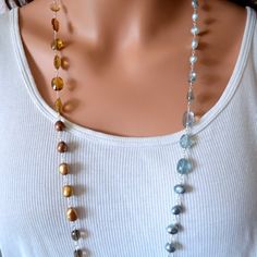 All of the shades of the beach are incorporated into this long gemstone necklace, from the darkest midnight blue to the palest tan. I used iolite, moss aquamarine, scapolite, citrine, champagne citrine, whiskey quartz and smoky quartz for the gemstones; and freshwater pearls in three shades of blue and copper. I chose the beads carefully to blend seamlessly from one colour to the next, the entire way around the necklace. This necklace brings to mind the sand, surf, water and sky, and is perfect