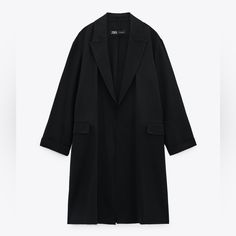 Zara Flowy Trench Coat In Black - Size Xs [Last One] (Price Is Firm) - Size: Xs - Color: Black - Length From Shoulder: 39- 39.5 Inches - Chest: 20 Inches - Shoulder: 6-6.25 Inches - Sleeve: 21-21.75 Inches (This Data Was Obtained By Manually Measuring The Product. It May Be Off By 1-2 Cm) Oversized Black Long Coat Blazer, Black Notch Lapel Outerwear With Pockets, Oversized Black Long Blazer, Black Oversized Blazer For Spring, Spring Black Oversized Blazer, Black Lapel Collar Outerwear For Work, Zara Black Outerwear For Work, Classic Black Spring Outerwear, Zara Black Notch Lapel Outerwear