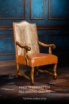 a wooden chair sitting in front of a blue wall with the words free shipping on all dining chairs