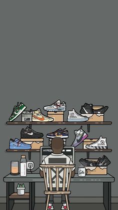 a person sitting at a table with many pairs of shoes on it