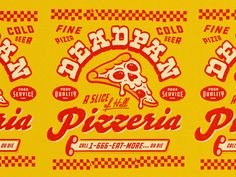 three different types of pizza are shown in this graphic art printable advertisement for pizzeria