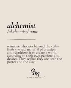 an ad with the words alchemist in black and white, on a beige background