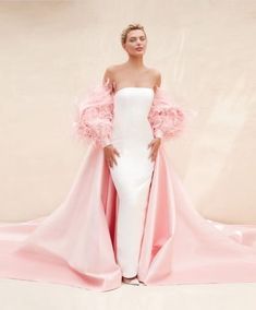 Wedding Cape Pink Satin Feather Elegant Puff   Half Sleeve Cape Jacket Floor Length Cape  Bridal