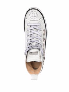 White leather crystal-embellished high-top sneakers from PHILIPP PLEIN featuring leather lining, logo plaque, crystal embellishment, round toe, front lace-up fastening and flat rubber sole. | Philipp Plein Crystal-Embellished High-Top Sneakers Philipp Plein, Crystal Embellishment, Chuck Taylor Sneakers, Superga Sneaker, Sneakers White, White Leather, Converse Sneaker, High Top, Lace Front