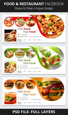 the food and restaurant facebook cover is shown in this graphic style, with different images on it