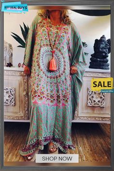 Women Casual Loose Top Tunic Maxi Dress Multicolor Long Boho Dress With Printed Details, Loose Spring Vacation Dresses, Bohemian Loose Summer Dresses, Green Boho Print Maxi Dress For Spring, Green Floral Print Maxi Dress For Festivals, Summer Bohemian Loose Dress, Spring Patterned Long Dress, Long Patterned Spring Dress, Spring Long Patterned Dress