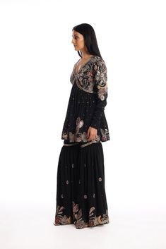 Kinfolk Black applique embellished mulberry crepe kurta, gharara with organza dupatta. From Aisha Rao's Kinfolk collection. DELIVERY TIMEPlease allow 6-8 weeks for your outfit to arrive. FABRIC DETAILSMulberry Crepe Professional cleaning only. Change Image, Organza Dupatta, Professional Cleaning, 8 Weeks, Yin Yang, Body Measurements, Fabric, Black