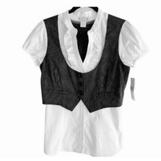 This Pin Stripe Vest Is Attached To A White Ruffled Top. The Top Has A V Ruffled Neckline. Puff Sleeves With Elastic Hem. Attached Vest Has 3 Front Buttons. 2 Tiny Spots As Shown. 18.5” Armpit To Armpit, Measurements Are Approximate. Pin Stripe Vest, Stripe Vest, White Ruffle Top, Pink Lace Tops, Tie Waist Top, Striped Vests, Multi Color Blouse, Body Suit With Shorts, Tie Dye Crop Top