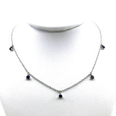 Five deep blue sapphires adorn this 14K white gold necklace. The chain is adjustable between 16" and 18". The sapphires are .35 carat total weight. Gold Necklace With Name, Blue Sapphire Necklace, White Gold Necklace, White Gold Necklaces, Gold Necklace Women, Sapphire Necklace, Gold Chain Necklace, Name Necklace, Deep Blue