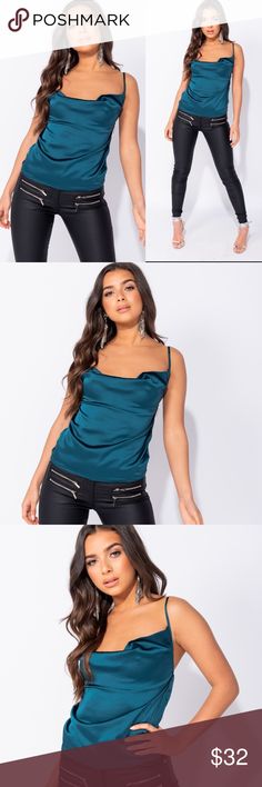 Maddix Turquoise Satin Cowl Neck Cami Top We are loving the minimal yet glam details of our Maddix Turquoise Satin Cowl Neck Cami! This lightweight satin cami top has lovely cowl neckline and elasticized back, supported by adjustable spaghetti straps. Wear under a blazer with a chic skirt for a look that can take you from the office to your hot date! Details Unlined. model is 5ft 7" & wears a size 4 97% polyester 3% elastane machine washable Paris&Pearle Tops Camisoles Chic Blue Camisole For Party, Elegant Fitted Turquoise Tops, Blue Sleeveless Camisole For Party, Blue Camisole Top For Party, Blue Camisole Tank Top For Party, Chic Blue Evening Tank Top, Chic Blue Tank Top For Evening, Chic Blue Satin Top, Chic Green Camisole For Party