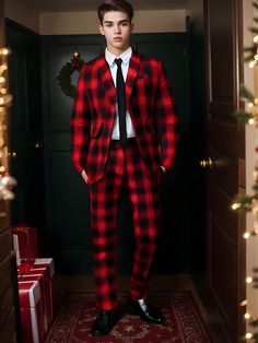 2pcs Teen Boy Gentleman Outfit, Including 1 Plaid Suit Jacket & 1 Zipper Dress Pants, Elegant  Formal Attire For Birthday Party, Holiday, Performance For Christmas Red     Geometric,Tartan  Non-Stretch  Teen Boys Clothing, size features are:Bust: ,Length: ,Sleeve Length: Fitted Red Costumes For Winter, Fitted Red Winter Costumes, Red Fitted Winter Costume, Fitted Costume Sets For Winter, Long Sleeve Suits For Winter Party, Winter Long Sleeve Costume Party Sets, Fitted Long Sleeve Suit For Holiday, Long Sleeve Wedding Suits For Party Season, Winter Costume Suits With Long Sleeves