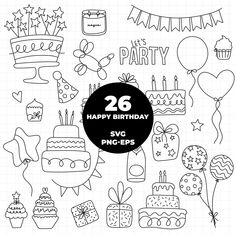 a birthday card with the words happy birthday and other party related items in black and white