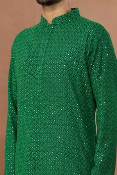 Shop for Aham-Vayam Green Cotton Sitara Embroidered Kurta Set for Men Online at Aza Fashions Green Sequined Straight Kurta, Festive Green Sequined Kurta, Designer Green Kurta With Mirror Work, Green Sequined Traditional Wear For Eid, Festive Green Kurta For Festivals, Anarkali Long Sleeve Sequined Kurta, Green Traditional Wear With Sequins For Navratri, Green Sequined Traditional Wear For Navratri, Traditional Green Sequined Wear