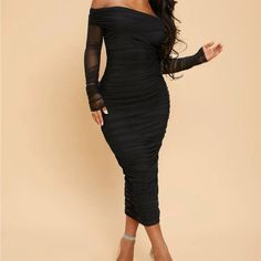 Shein Black Off Shoulder Ruched Dress Size Medium. Worn Once For A Photo Shoot, Brand New. Black Off-shoulder Ruched Midi Dress, Black Ruched Long Sleeve Midi Dress, Black Long Sleeve Ruched Midi Dress, Off Shoulder Ruched Dress, Black Off Shoulder, Shein Dress, Shein Dresses, Dresses Black, Ruched Dress