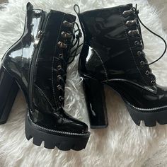 Perfect Condition, Never Worn Platform Boots. Heels Height: 4.72in/12cm; Platform Height: 1.18in/3cm. Patent Leather High Heel Lace-up Boots For Party, Punk Style High Heel Synthetic Boots, Black Chunky Platform Heels With Round Toe, Edgy Chunky Platform Heels In Faux Leather, Edgy Faux Leather Heels With Chunky Platform, Black Pointed Toe Punk Heels, Black Punk Round Toe Heels, Black Punk Pointed Toe Heels, Black Punk Heels With Pointed Toe