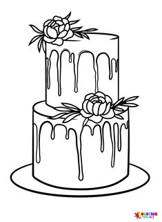 a cake with icing and flowers on top is shown in this coloring page for kids