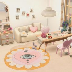 the room is decorated in pastel colors and features pink, yellow, and white furniture