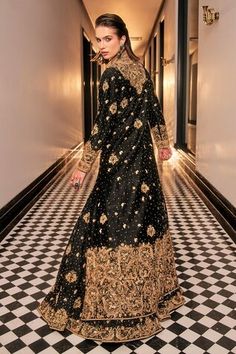 Black full sleeve jacket with zardozi, zari thread, sequin, bead, chitta, cutdana hand embroidery in floral pattern. Paired with floral embroidered lehenga. - Aza Fashions Black Gown With Dabka Work For Reception, Black Long Sleeve Gown For Festive Occasions, Traditional Long Sleeve Evening Gown, Traditional Long Sleeve Lehenga For Evening, Anarkali Long Sleeve Choli For Evening, Reception Gown With Dupatta And Long Sleeves, Long Sleeve Gown With Dupatta For Reception, Formal Black Floor-length Sharara, Evening Long Sleeve Sets With Intricate Embroidery