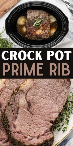 crock pot prime rib with potatoes and carrots on the side, served in a cast iron skillet