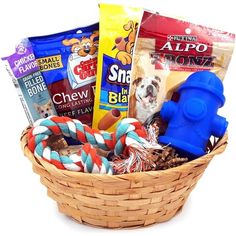 a basket filled with dog treats and snacks