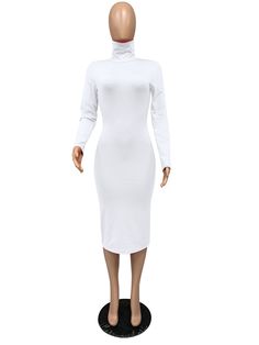 Sexy High-neck Thick Slim-fit Hip Dress White Fitted Midi Dress For Club, Fitted White Solid Color Midi Dress, White Club Dress For Fall, Solid Color Fitted High Neck Dress, High Neck Fitted Dress In Solid Color, High Stretch Midi Dresses, High Neck Stretch Club Dress, White Fitted High Neck Bodycon Dress, White High Neck Fitted Bodycon Dress