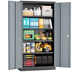 an open metal storage cabinet filled with lots of supplies and books on it's shelves