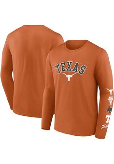 Show off your team pride in this Texas Longhorns Burnt Orange Badging Cotton Long Sleeve T Shirt! This Texas Long Sleeve Tee features a screenprint of team graphic on front chest. Make sure everyone knows you root for the Longhorns with this Burnt Orange Texas T Shirt. Hook Em Horns! Long Sleeve, Screen Printed Graphic on Chest, Screen Printed Graphics on Sleeve, Unisex, Finished Hem, Fit: True to Size, Machine wash cold, 4 Long Sleeve Sports T-shirt With Team Logo, Fall Sports Team Logo Tops, Fall Sports Event Tops With Team Logo, Long Sleeve T-shirt With Team Name For Fans, Collegiate Long Sleeve Tops With Team Logo, Long Sleeve T-shirt With Team Logo For Fan Gear, Sports Fan Long Sleeve Top With Team Logo, Long Sleeve Cotton T-shirt With Team Name, College Long Sleeve Tops With Team Logo