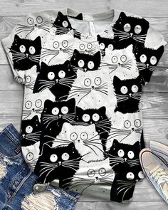 Cute Cat Printed Round Neck Shirts & Tops for Women Trendy Cat Print Summer Tops, Trendy Cat Print Tops For Summer, Trendy Summer Tops With Cat Print, Casual Summer Shirt With Cat Design, Summer Cat Print Crew Neck Top, Casual Cat Print Top For Summer, Casual Summer Cat Print Tops, Casual Summer Tops With Cat Print, Trendy Spring Top With Cat Design