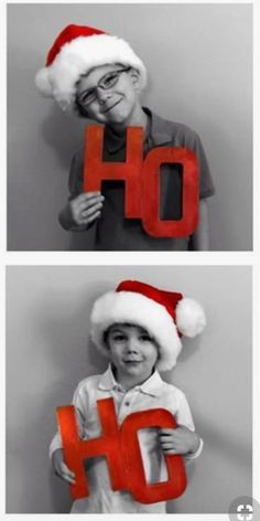 two pictures of a boy in santa hats holding up the letters h and o to spell out