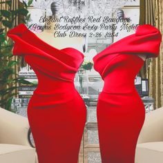 two women in red dresses standing next to each other with the words elegant ruffles