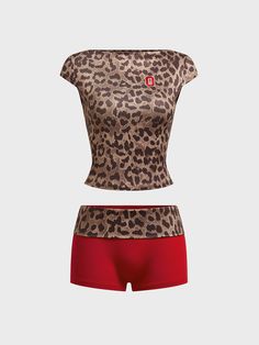 Come to Kollyy to buy Two-Piece Sets at a discounted price, SPU: 48Q2TW816192, Color: Leopard, Waistlines:Low Waist, Neckline:Crew Neck. Summer Swimming Sets With Short Sleeves, Top With Pants, Leopard Top, Leopard Fashion, Matching Couples, Two Piece Set, Neck Pattern, Low Waist, Outfit Set