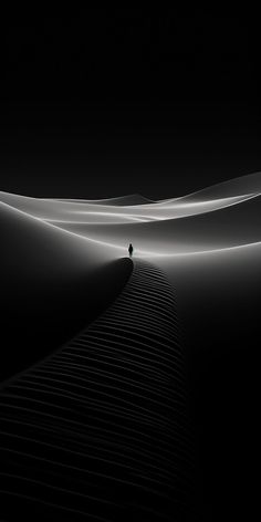 a lone person is standing in the middle of an empty desert at night with black and white lighting