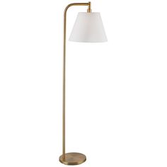 a gold floor lamp with a white shade