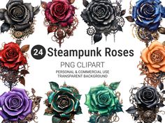 twelve steampunk roses are arranged in different colors and sizes, with the words png clipart